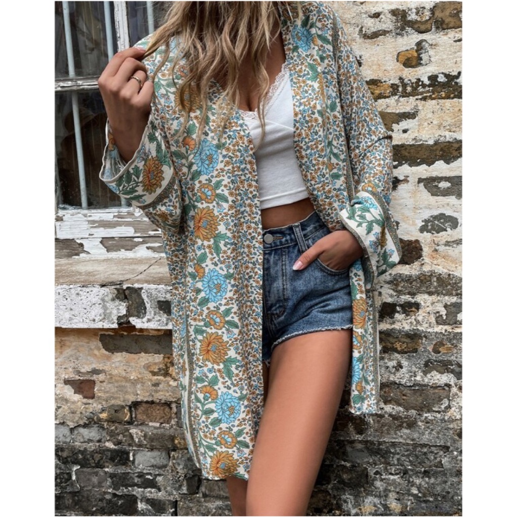 Boho Floral Print Open Front Kimono Cover Up Beach